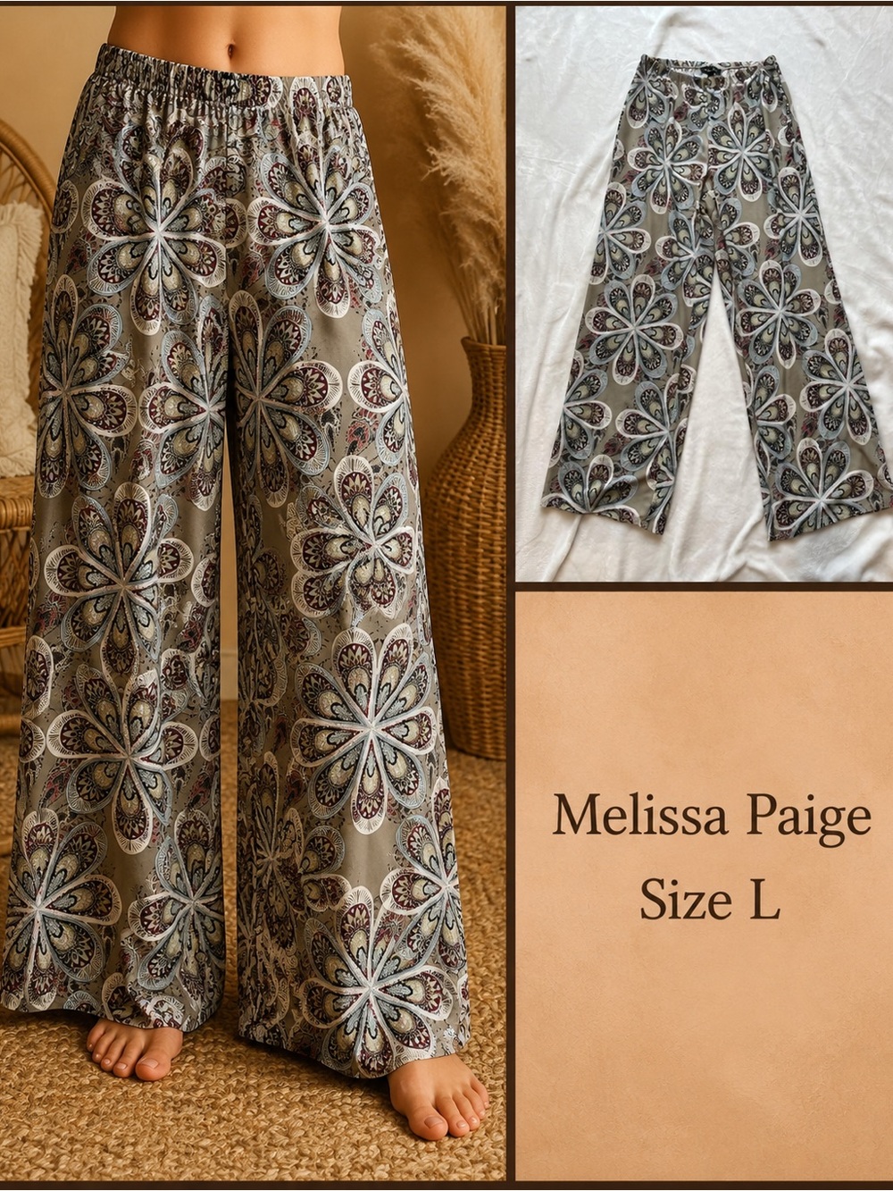 Melissa Paige Floral Wide-Leg Pants - Sage & Gray Pattern